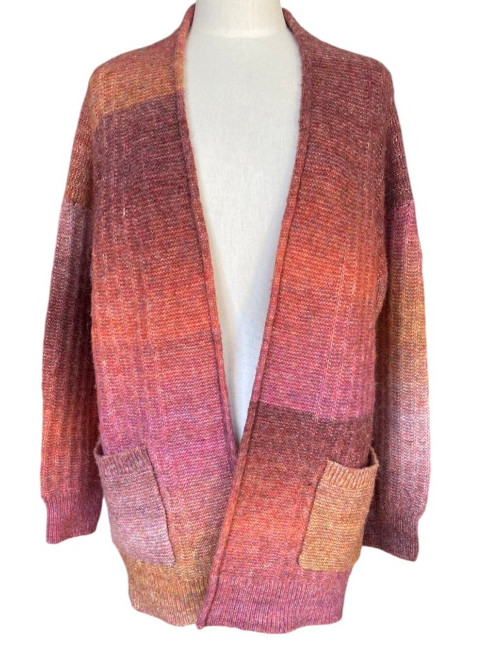 Multicolor Ombre Open Front Cardigan Sweater Pockets Chunky Wool Longline Boho-L